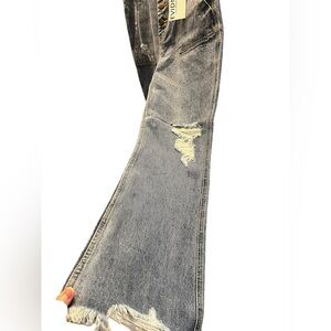Evidnt Button Fly Raw Hem Distressed Flare Jeans new with tags Saint Denis 28